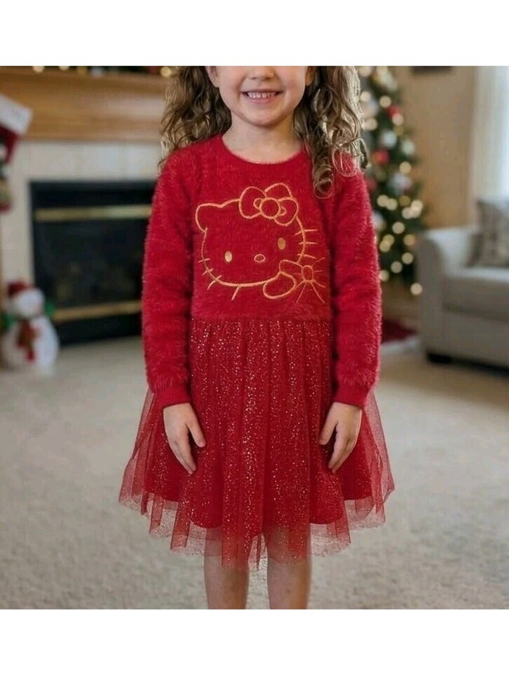 Hello Kitty Tutu Dress Girls 5T Red Fur Glitter Tulle Long Sleeve Holiday Party